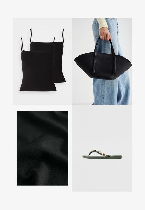 Schwarze Spaghetti-Träger-Camisoles aus glattem, elastischem Material mit taillierter Passform. Im praktischen Zwei-Pack.; Schwarzer Baumwollstoff mit einer glatten Textur, der leichte Wellen und subtile Strickmuster zeigt. Das Material bietet einen weichen, flexiblen Fall.; Grüne Gummi-Pantoletten mit dekorativen goldfarbenen Nieten entlang des Riemens. Texturierte Innensohle und flache Sohle für zusätzlichen Komfort.; Schwarze Lederhandtasche mit einzigartiger Fächerform, ausgestattet mit flachen Griffen. Die Oberfläche hat eine genoppte Textur und ein minimalistisches Design.