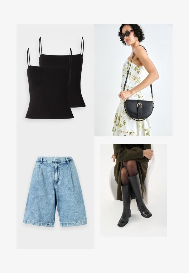 Musta toppi ohutolkaimilla, pehmeästä ja joustavasta kankaasta sekä tiukasta siluetista. Kaksipakkauksessa.; Vaaleansiniset farkkushortsit rentoa mitoitusta, joissa on edessä vetoketju, vyölenkit ja hillitty kulunut pinta. Reunat on viimeistelty.; Polvisuoja mustat nahastossud, millel on ruudukujuline varvas ja plokk-kints, on esitatud mudeli seljas, kes istub oliivrohelises mantlis. Sile tekstuur, minimaalne detailitus.; Musta nahkainen käsilaukku, joka on kaareva muotoilultaan, irrotettavalla hihnalla ja kultaisilla yksityiskohdilla. Laukussa on läppä, jossa on solk yksityiskohta.