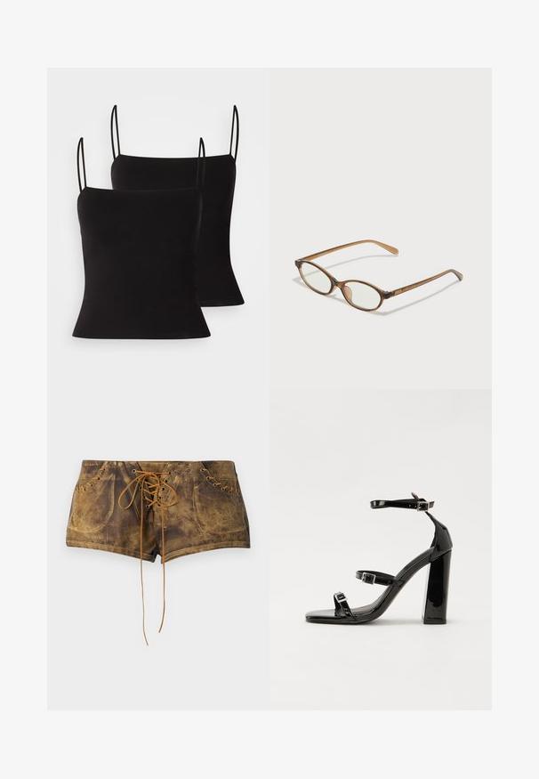 Μαύρα τοπ καμισόλ με λεπτές τιράντες, κατασκευασμένα από λεία, ελαστική ύφασμα και κομψή εφαρμογή. Συσκευασία δύο τεμαχίων.; Καφέ σορτς με κορδόνια που έχουν υφή και αντίθετα καφέ κορδόνια. Διαθέτει τρυπούλες και εφαρμοστή σχεδίαση για σφιχτή εμφάνιση.; Μαύρες πατέντες σανδάλια με τακούνι, τετράγωνη μύτη, ιμάντες αστραγάλου και ασημένιες πόρπες. Διαθέτουν χοντρό μπλοκ τακούνι για σταθερότητα.; Καφέ τετράγωνα γυαλιά με οβάλ φακούς, λεπτούς βραχίονες και διαφανή στοιχεία. Διαθέτουν έναν διακριτικό λογότυπο στο μπράτσο. Κομψός, ελαφρύς σχεδιασμός.