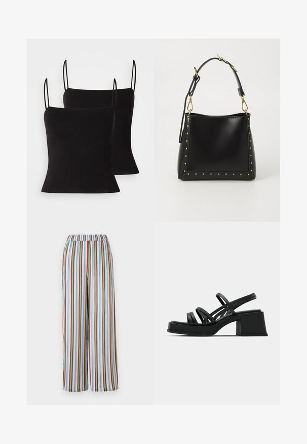 Sorte camisole-toppe med tynde stropper, der har et glat, strækbart stof og en tætsiddende silhuet. Pakke med to stk.; Stribede brede bukser med elastisk talje. Har farverige lodrette striber i blå, rød, grøn og hvid på et letvægtsstof.; Sorte hælede sandaler med flere tynde stropper og en bred blokhæl. Slank design med en mat overflade. Sålens fodbed har en let kurve.; Sort læderhandtaske med en struktureret form, der har guldnitter langs kanterne og et aftageligt bånd med guldhardware-detaljer.