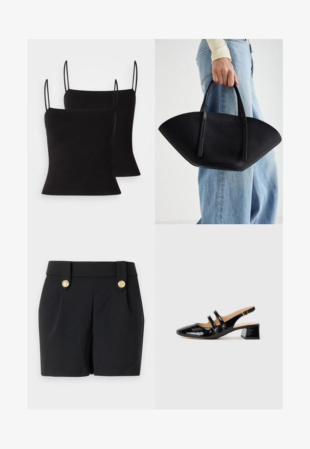 Čierne tielka s tenkými ramienkami, vyrobené z hladkého, elastického materiálu a priliehavého strihu. Balenie obsahuje dva kusy.; Čierne šortky s upraveným strihom, ktoré majú zlaté dekoratívne gombíky a hladkú textúru. Bez vreciek a viditeľných švov.; Čierne lakované slingback topánky s špicatou špičkou, dvomi strapcami, zlatými kruhovými akcentami a nízkym blokovým podpätkom.; Čierna kožená kabelka s jedinečným tvarom ventilátora, so plochými držadlami. Povrch má štruktúru s brúseným efektom a minimalistic design.