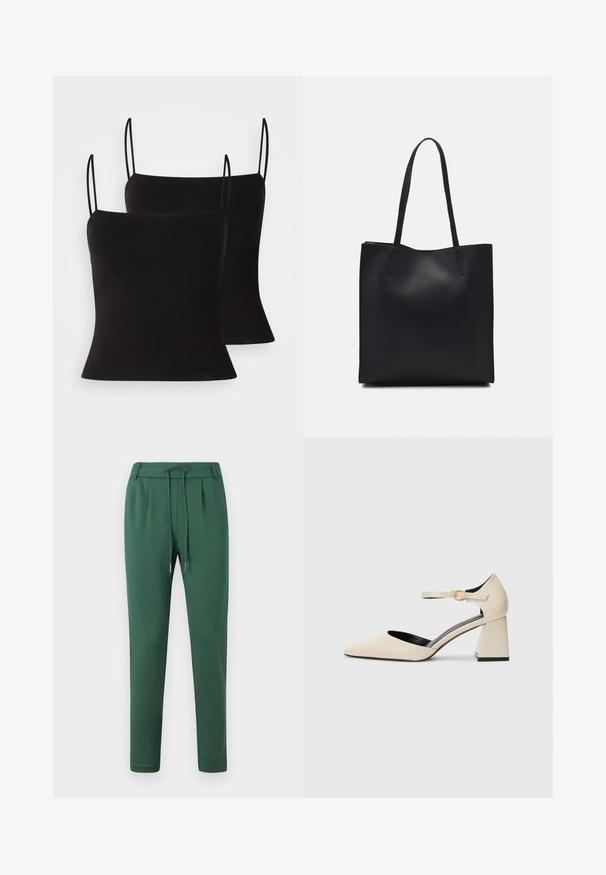 Svarte camisetter med tynne stropper, laget av et glatt, elastisk stoff og en tettsittende silhuett. Pakke med to.; Grønne joggebukser laget av myk stoff, med elastisk midje og snor, tapered ben og sidesøm detaljer.; Beige imitert lær med blokkhelte sko med spiss tå, ankelrem og subtil krokodillemønsterdetalj. Svart innvendig fôr.; Svart lær tote bag med glatt tekstur, rektangulær form og to lange håndtak. Ingen synlige deler eller dekorasjoner.