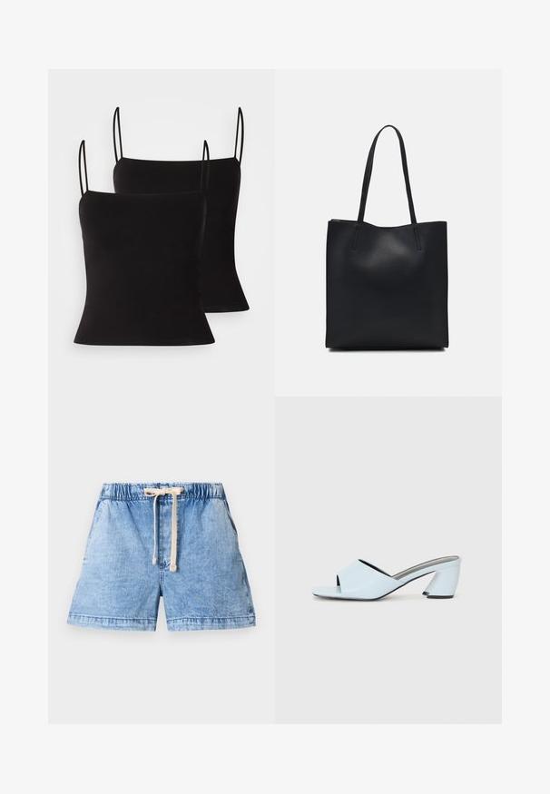 Melnas camisole topi ar plānām siksniņām, kuriem ir gluda, elastīga auduma un pieguļošs siluets. Iepakojumā divi gabali.; Gaiši zili džinsu šorti ar elastīgu jostasvietu un aukliņu. Iekļauj divas sānu kabatas un taisnu apakšmali.; Gaiši zilas atvērtā purngala papēžu mūlas ar ģeometrisku dizainu, kas ietver platu siksnu pāri pēdai un masīvu, stūrainu papēdi.; Melnas ādas somiņa ar gludu tekstūru, taisnstūra formu un divām garām rokturiem. Nav redzamu aparatūras vai rotājumu.