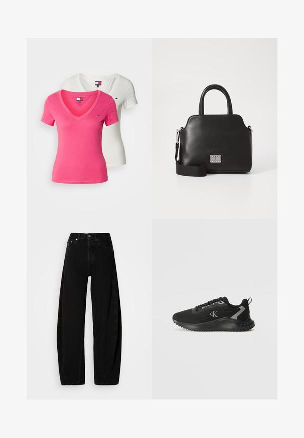 Komplet dveh majic: ena roza, ena bela. Oblika z V-izrezom, kratki rokavi, izdelani iz mehkega bombaža. Na prsih ima majhen logotip.; Črne široke hlače iz denima z visokim pasom, ki imajo gumbasto zapiranje, pet žepov in minimalne šive.; Črne nizke športne superge z zračnim mrežastim materialom, vezalkami, teksturiranim podplatom in logotipom "cK" na strani.; Črna sintetična torbica z zgornjimi ročaji, snemljivim ramenskim trakom, zaobljeno obliko, gladko teksturo in srebrnim logotipom na sprednji strani.