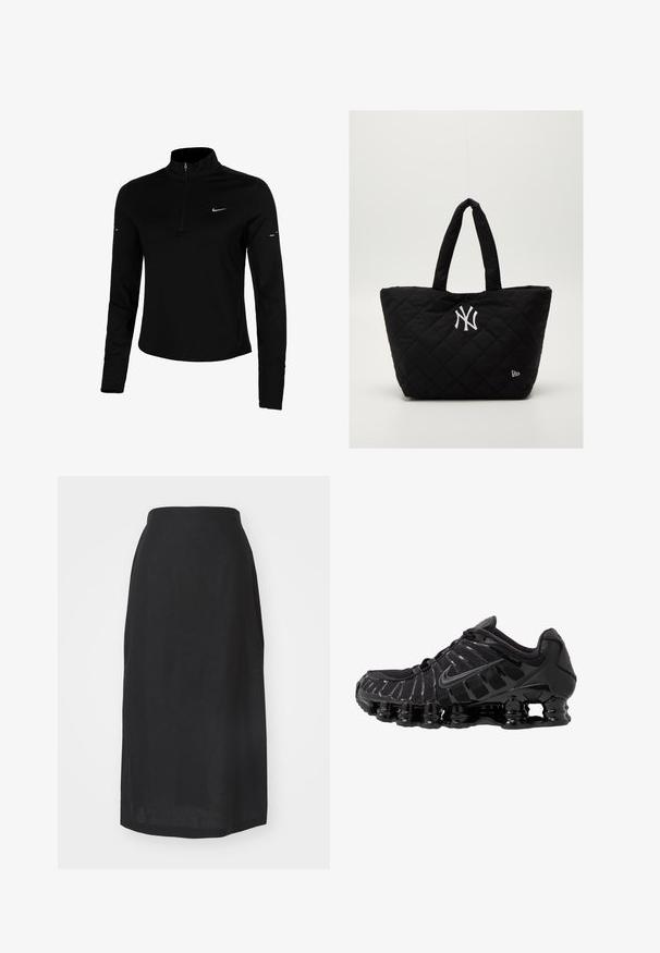Juoda ilgomis rankovėmis sportinė marškinė su pusiau užtrauktuku, apykakle, atspindinčiu Nike logotipu ir plokščiomis siūlėmis komfortui ir prigludusiai formai.; Juodas lininis midi sijonas su aukštu liemeniu, lygiu paviršiumi, tiesiu kirpimu ir klešnėmis, kurios baigiasi žemiau kelių. Jokių matomų siūlių ar raštų.; Juodas sportinis batai su tinklinėmis viršutinėmis dalimis ir blizgiomis detalėmis. Yra kreivai suformuota spyruoklinė amortizacija ir tekstūruoti brūkšniai šone. Matomas Nike logotipas.; Juodai siūtas quilted rankinė su dvigubomis rankenėlėmis, su baltu Niujorko "Yankees" logotipu ir mažyčiu prekės ženklo emblemu šone.