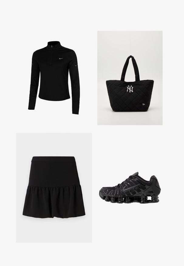 Fekete, hosszúujjú sportfelső, félig cipzárral, gallérral, fényvisszaverő Nike logóval és lapos varratokkal a kényelem és a szoros illeszkedés érdekében.; Fekete szoknya, amelynek derék része fitted és fodros, bővülő alja van. Texturált anyagból készült, sima felülettel, minták vagy díszítések nélkül.; Fekete sportcipő hálós felsőrésszel és fényes részletekkel. Ívelt rugózó párnázással és texturált vonalakkal rendelkezik az oldalán. Nike logó látható.; Steppelt fekete táska dupla fogantyúval, fehér New York Yankees logóval és egy kis márkájú emblémával az oldalon.