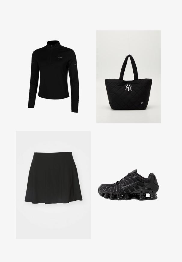 Melnas sporta krekliņš ar garām piedurknēm, puszipu, apkakli, atstarojošu Nike logotipu un plakanajiem šuvēm komfortam un ciešai piegulšanai.; Melns skeiteru svārki, kas izgatavoti no mīkstas auduma, ar izplestu dizainu, platām jostām un gludu tekstūru, bez redzamām rakstu vai detaļu. ; Melnas sporta kurpes ar sietveida augšdaļu un spīdīgām virsmas daļām. Iezīmēta ar izliekta spirāla spilvenu un teksturētām līnijām sānos. Redzams Nike logo.; Quiltota melna soma ar divām rokturiem, kurai ir balts Ņujorkas Jankiju logo un neliela zīmola emblēma sānos.
