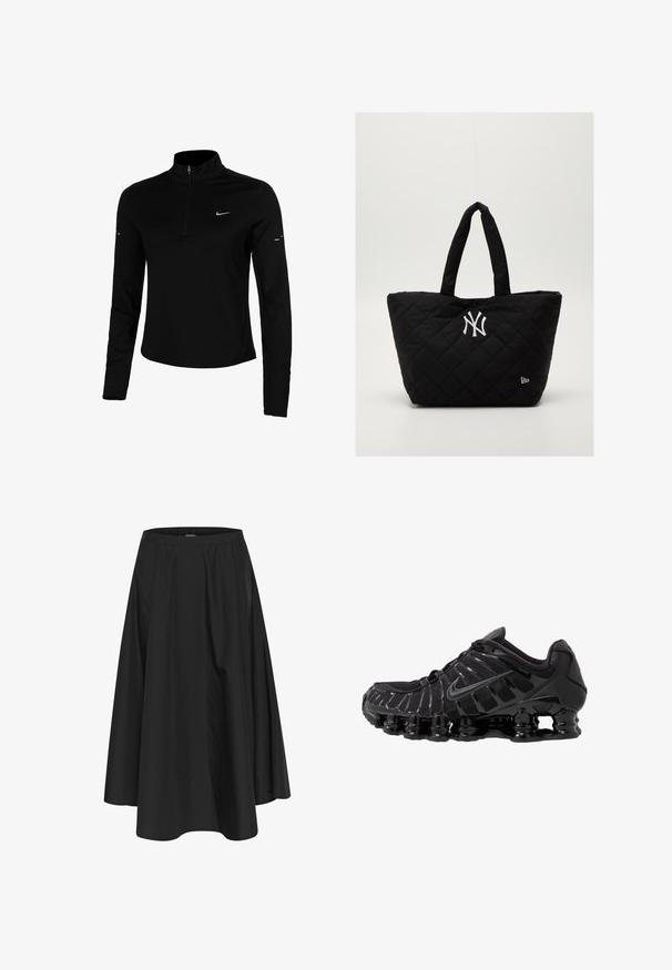 Maglietta sportiva nera a maniche lunghe con mezzo zip, colletto, logo Nike riflettente e cuciture piatte per comfort e vestibilità aderente.; Gonna nera a lunghezza ginocchio con vita elasticizzata, caratterizzata da pieghe per volume e una texture liscia. Design semplice e classico senza decorazioni.; Scarpa sportiva nera con tomaia in mesh e sovrapposizioni lucide. Presenta un'imbottitura a molla curva e linee texturizzate sul lato. Logo Nike visibile.; Borsa a spalla nera imbottita con doppi manici, dotata di un logo bianco dei New York Yankees e un piccolo emblema del marchio sul lato.