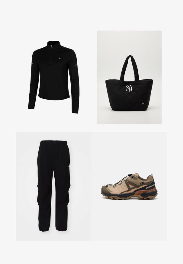 Mustat pitkähihaiset urheilu paita, jossa on puoliveto, kaulus, heijastava Nike-logo ja litteät saumat mukavuutta ja tiivistä istuvuutta varten.; Mustat ulkoiluhousut, jotka on valmistettu kestävästä materiaalista. Niissä on rento istuvuus, joustava vyötärö sekä kiristettävät hihnat, jotka mahdollistavat säädettävän pituuden.; Salomon X ULTRA 360 GTX - Vaelluskengät - safari/hazelnut/sierra; Mustikkavärinen tikattu kassi, jossa on tuplakahvat ja valkoinen New York Yankees -logo sekä pieni brändin emblem sivussa.