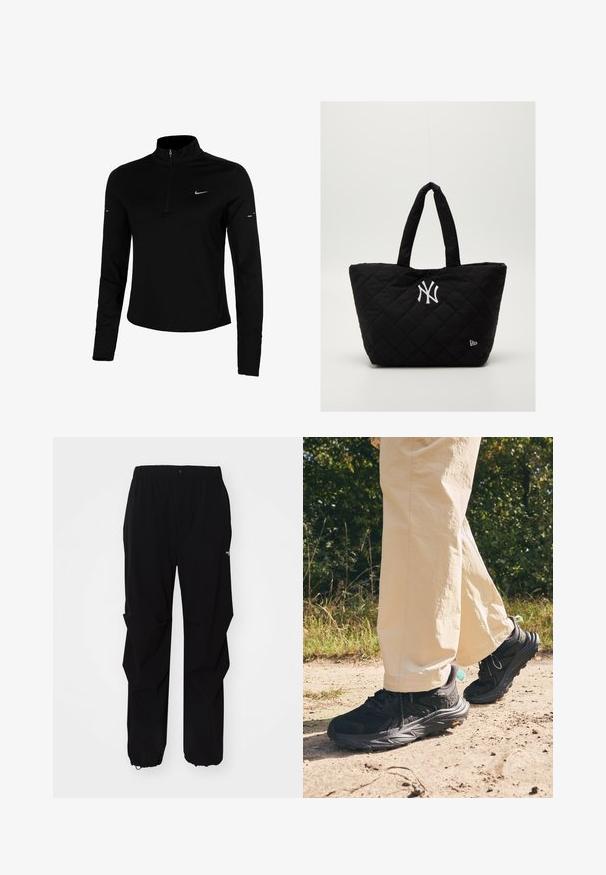 Černý dlouhý rukáv atletického topu s polo zipem, límečkem, reflexním logem Nike a plochými švy pro pohodlí a těsné padnutí.; Černé venkovní kalhoty vyrobené z odolného materiálu, se uvolněným střihem, elastickým pasem a staženými manžetami pro nastavitelné délky.; Černé turistické tenisky s texturovaným svrškem, šněrováním a silnou podrážkou se značkou Vibram. Nosené s světle barevnými kalhotami.; Prošívaná černá taška na rameno s dvojitými uchy, s bílým logem New York Yankees a malým emblémem značky na boku.