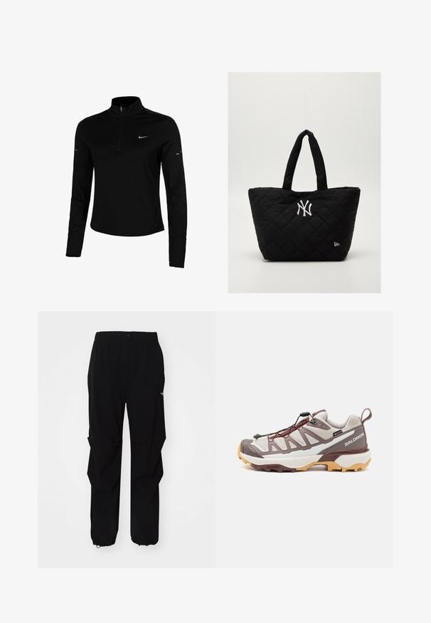 Maglietta sportiva nera a maniche lunghe con mezzo zip, colletto, logo Nike riflettente e cuciture piatte per comfort e vestibilità aderente.; Pantaloni neri da esterno realizzati in materiale resistente, con vestibilità rilassata, cintura elastica e polsini regolabili per lunghezza adattabile.; Salomon X ULTRA 360 EDGE GTX - Scarpa da hiking - silver cloud/iron/rum raisin; Borsa a spalla nera imbottita con doppi manici, dotata di un logo bianco dei New York Yankees e un piccolo emblema del marchio sul lato.