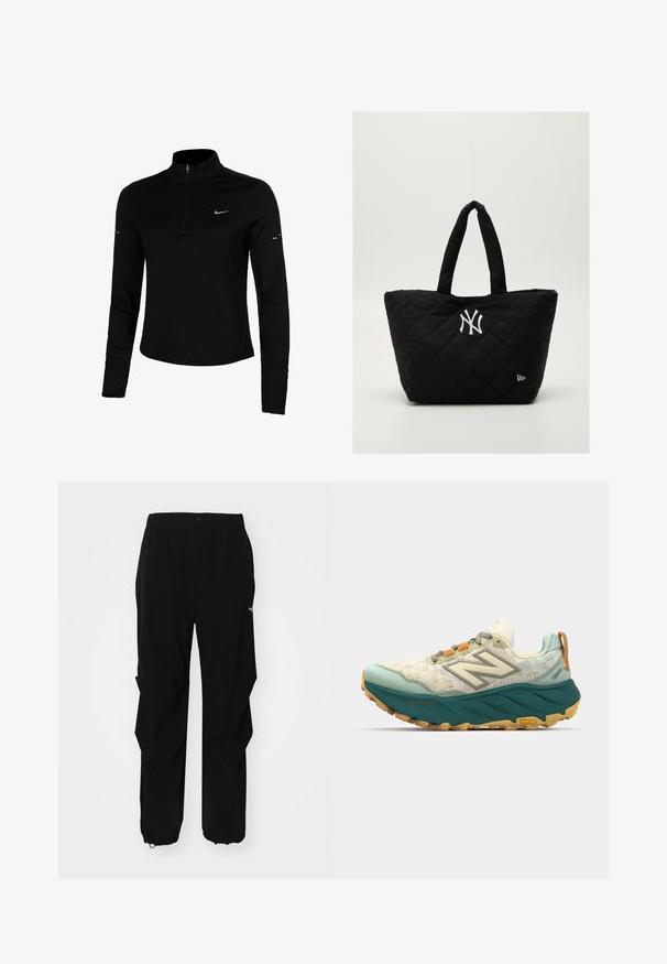 Haut de sport noir à manches longues avec demi-zip, col, logo Nike réfléchi et coutures à plat pour le confort et un ajustement bien ajusté.; Pantalons d'extérieur noirs en matériau durable, avec une coupe décontractée, une taille élastique et des poignets resserrés pour une longueur ajustable.; Chaussure de course pour homme avec une tige en maille légère de couleur crème et turquoise, une semelle turquoise rembourrée et des lacets orange avec des détails réfléchissants.; Sac fourre-tout noir matelassé avec doubles poignées, présentant un logo blanc des New York Yankees et un petit emblème de la marque sur le côté.