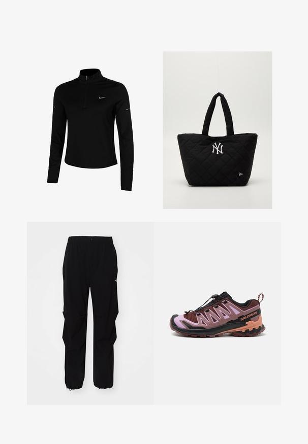 Fekete, hosszúujjú sportfelső, félig cipzárral, gallérral, fényvisszaverő Nike logóval és lapos varratokkal a kényelem és a szoros illeszkedés érdekében.; Fekete kültéri nadrág, tartós anyagból készült, laza fitnesz, rugalmas derékpánttal és állítható hosszúságú, behúzható szárakkal rendelkezik.; Futócipő fekete, bordó és rózsaszín színkombinációban. Jellemzője a hálós felsőrész, a beépített fűzőrendszer, a texturált talp és a stabilizáló sarokpárna.; Steppelt fekete táska dupla fogantyúval, fehér New York Yankees logóval és egy kis márkájú emblémával az oldalon.