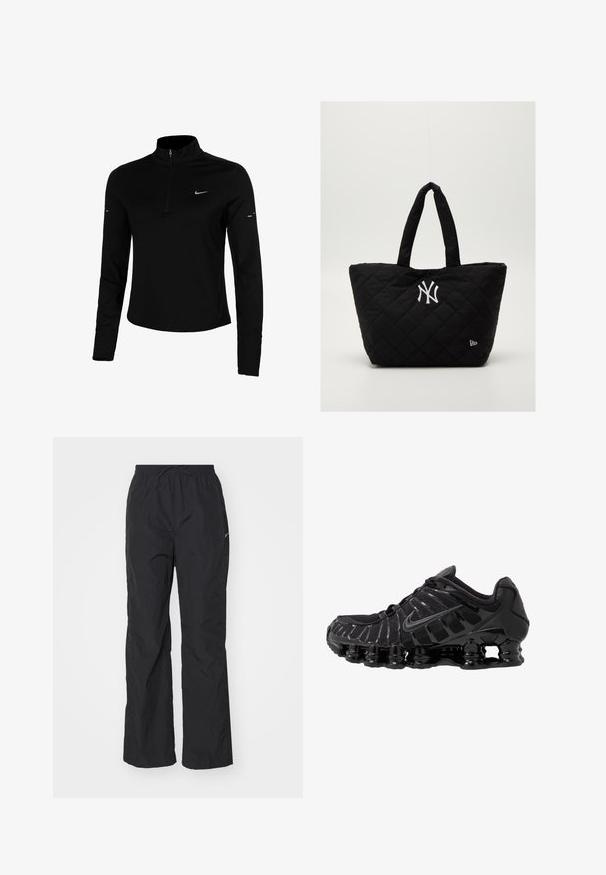 Fekete, hosszúujjú sportfelső, félig cipzárral, gallérral, fényvisszaverő Nike logóval és lapos varratokkal a kényelem és a szoros illeszkedés érdekében.; Fekete, könnyű anyagú nadrág, rugalmas derékkal és zsinórral. Texturált felülettel rendelkezik, valamint egy kis fényvisszaverő logóval az oldalon.; Fekete sportcipő hálós felsőrésszel és fényes részletekkel. Ívelt rugózó párnázással és texturált vonalakkal rendelkezik az oldalán. Nike logó látható.; Steppelt fekete táska dupla fogantyúval, fehér New York Yankees logóval és egy kis márkájú emblémával az oldalon.
