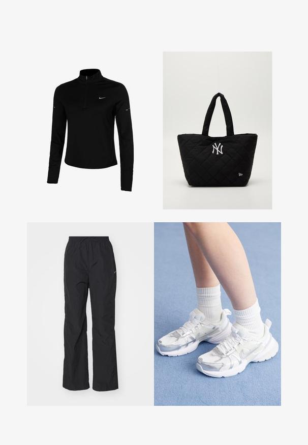Čierny športový top s dlhými rukávmi, polozipsom, golierom, reflexným logom Nike a plochými švami pre komfort a tesné sedenie.; Čierne, ľahké nohavice s elastickým pásom a šnúrkou. Majú textúrovaný povrch a malú reflexnú nášivku na boku.; Biele športové topánky s sieťovinou a syntetickými prekrytiami, so strieborným logom Nike, kombinované s rebrovanými bielymi ponožkami na modrom povrchu.; Prešívaná čierna taška na rameno s dvojitými uchami, s bielym logom New York Yankees a malým emblémom značky po boku.