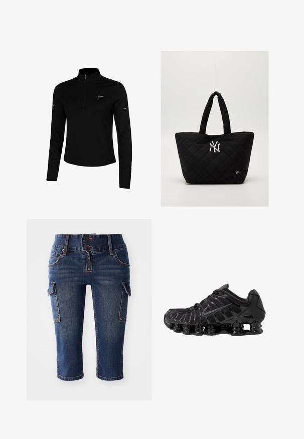 Černý dlouhý rukáv atletického topu s polo zipem, límečkem, reflexním logem Nike a plochými švy pro pohodlí a těsné padnutí.; Džínové capri kalhoty s tmavě modrým omytím, dvěma bočními kapsami na cargo a dvojitým zapínáním na knoflíky se zipem. Klasický pětikapesní design.; Černá sportovní bota s síťovaným svrškem a lesklými detaily. Má zakřivené odpružení z pružin a texturované linie na straně. Viditelné logo Nike.; Prošívaná černá taška na rameno s dvojitými uchy, s bílým logem New York Yankees a malým emblémem značky na boku.