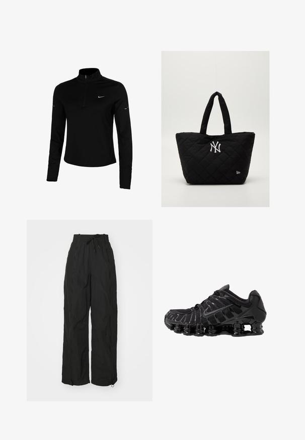 Mustat pitkähihaiset urheilu paita, jossa on puoliveto, kaulus, heijastava Nike-logo ja litteät saumat mukavuutta ja tiivistä istuvuutta varten.; Mustat, leveät housut valmistettu kevyestä ja teksturoidusta kankaasta. Ominaisuuksiin kuuluu joustava vyötärö, nyöriyksityiskohta ja vetoketjulliset nilkkavaihtoehdot.; Mustat urheilukengät, joissa on verkkoyläosa ja kiiltävät yksityiskohdat. Varustettu kaarevalla jousituksella ja teksturoiduilla viivoilla sivuilla. Nike-logo näkyvissä.; Mustikkavärinen tikattu kassi, jossa on tuplakahvat ja valkoinen New York Yankees -logo sekä pieni brändin emblem sivussa.