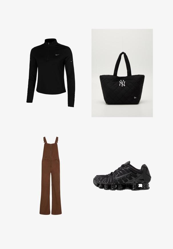 Maglietta sportiva nera a maniche lunghe con mezzo zip, colletto, logo Nike riflettente e cuciture piatte per comfort e vestibilità aderente.; Salopette in corduroy marrone a gamba larga con zip frontale e spalline regolabili, dotata di passanti per la cintura e due tasche frontali.; Scarpa sportiva nera con tomaia in mesh e sovrapposizioni lucide. Presenta un'imbottitura a molla curva e linee texturizzate sul lato. Logo Nike visibile.; Borsa a spalla nera imbottita con doppi manici, dotata di un logo bianco dei New York Yankees e un piccolo emblema del marchio sul lato.