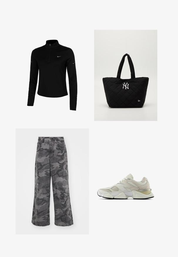Black long-sleeve athletic top with a half zip, collar, reflective Nike logo, and flatlock seams for comfort and a snug fit.; Wide-leg camouflage jeans in shades of gray, made of denim, featuring two side pockets and a high waist design. Textured fabric with a printed pattern.; White sneaker with mesh and suede upper, rounded toe, and padded collar. Features reflective accents and a thick, textured sole.; Quilted black tote bag with double handles, featuring a white New York Yankees logo and a small brand emblem on the side.