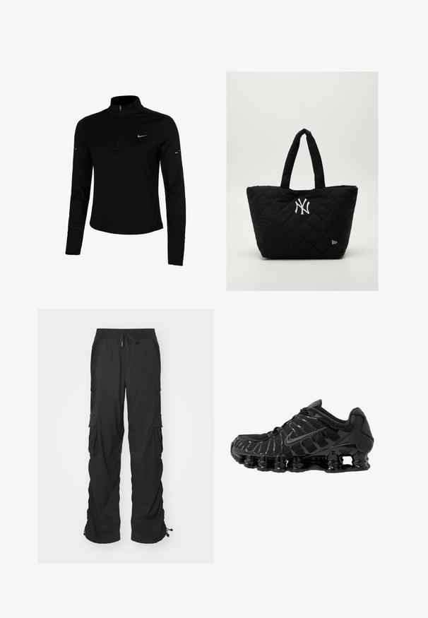 Czarna sportowa koszulka z długim rękawem, z półzamkiem, kołnierzem, odblaskowym logo Nike i szwami flatlock dla wygody oraz dopasowania.; Czarne spodnie cargo z elastycznym paskiem w talii, bocznymi kieszeniami i elastycznymi mankietami. Wykonane z teksturowanej tkaniny dla trwałości i komfortu.; Czarne buty sportowe z siateczkową cholewką i połyskującymi detalami. Posiadają wyprofilowane poduszki pod nogami i teksturowane linie po boku. Widoczna logo Nike.; Kwiatowa czarna torba na ramię z podwójnymi uchwytami, z białym logo New York Yankees i małym emblematem marki z boku.