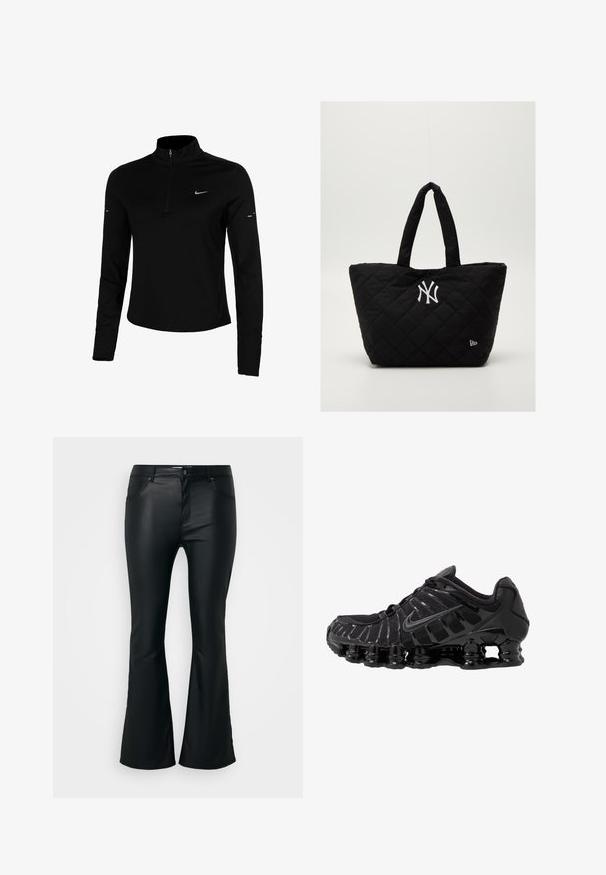 Juoda ilgomis rankovėmis sportinė marškinė su pusiau užtrauktuku, apykakle, atspindinčiu Nike logotipu ir plokščiomis siūlėmis komfortui ir prigludusiai formai.; Juodos, plačios kelnės, pagamintos iš lygaus, blizgaus mišinio. Yra penki kišenės, diržo kilpos ir užtrauktukas su knopke.; Juodas sportinis batai su tinklinėmis viršutinėmis dalimis ir blizgiomis detalėmis. Yra kreivai suformuota spyruoklinė amortizacija ir tekstūruoti brūkšniai šone. Matomas Nike logotipas.; Juodai siūtas quilted rankinė su dvigubomis rankenėlėmis, su baltu Niujorko "Yankees" logotipu ir mažyčiu prekės ženklo emblemu šone.