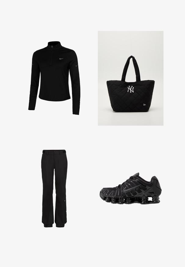 Must musta varrukatega sportlik särk, millel on poolne tõmblukk, krae, peegelduv Nike logo ja lapiga õmblused mugavuseks ja täpse sobivuse tagamiseks.; Mustad mustad püksid, otse lõikega, reguleeritava vöökohaga, tugevdustega pahkluudel ja peene brändingu detailiga vasakul jalal.; Must mustusjalats, millel on võrkmaterjalist ülemine osa ja läikivad kattekihtide detailid. Omab kaardus spiraallöögi pehmendust ning tekstuuriga jooni küljel. Nähtav Nike logo.; Kästi must käekott topeltkäepidemete ja valge New York Yankeesi logoga, millel on külgedel väike brändiemaika.