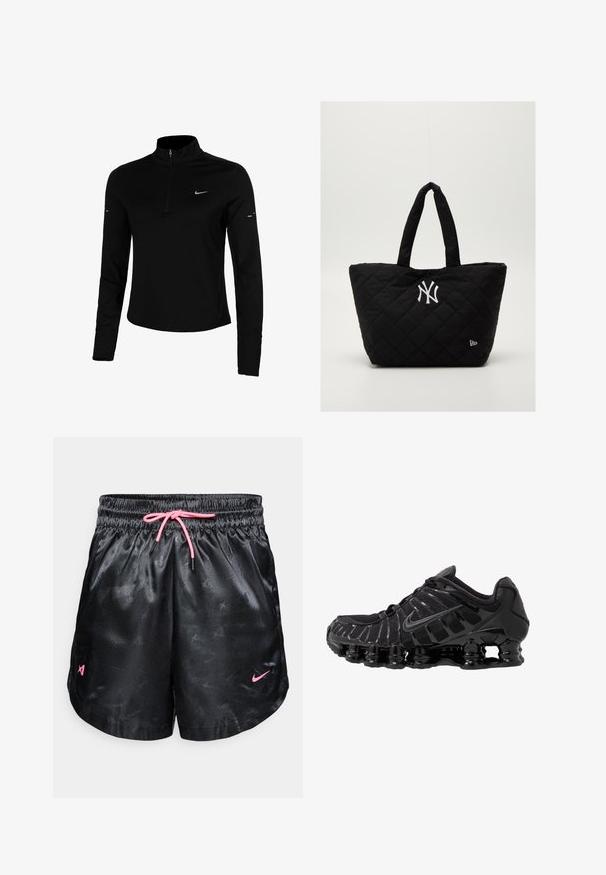 Čierny športový top s dlhými rukávmi, polozipsom, golierom, reflexným logom Nike a plochými švami pre komfort a tesné sedenie.; Čierne športové šortky so lesklým saténovým povrchom, elastickým pásom, ružovou šnúrkou a jemným vzorom. Obsahujú logá v ružovej farbe po stranách.; Čierna športová obuv s vrchnou časťou z sieťoviny a lesklými detailmi. Obsahuje zakrivené odpruženie a textúrované línie po stranách. Viditeľné logo Nike.; Prešívaná čierna taška na rameno s dvojitými uchami, s bielym logom New York Yankees a malým emblémom značky po boku.
