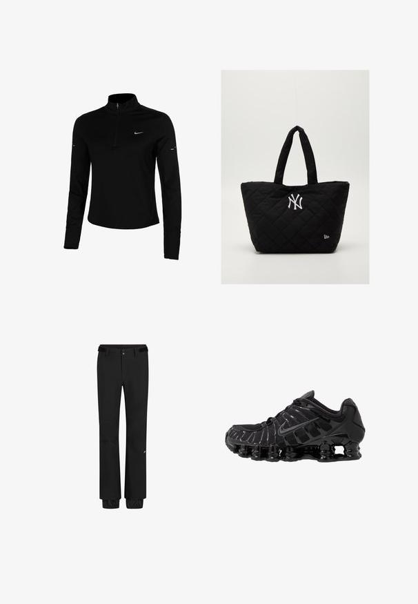 Černý dlouhý rukáv atletického topu s polo zipem, límečkem, reflexním logem Nike a plochými švy pro pohodlí a těsné padnutí.; Černé venkovní kalhoty mají standardní pas s opaskem, západkovým uzávěrem, elastické manžety a logo na dolní části nohy. Lehká a odolná tkanina.; Černá sportovní bota s síťovaným svrškem a lesklými detaily. Má zakřivené odpružení z pružin a texturované linie na straně. Viditelné logo Nike.; Prošívaná černá taška na rameno s dvojitými uchy, s bílým logem New York Yankees a malým emblémem značky na boku.
