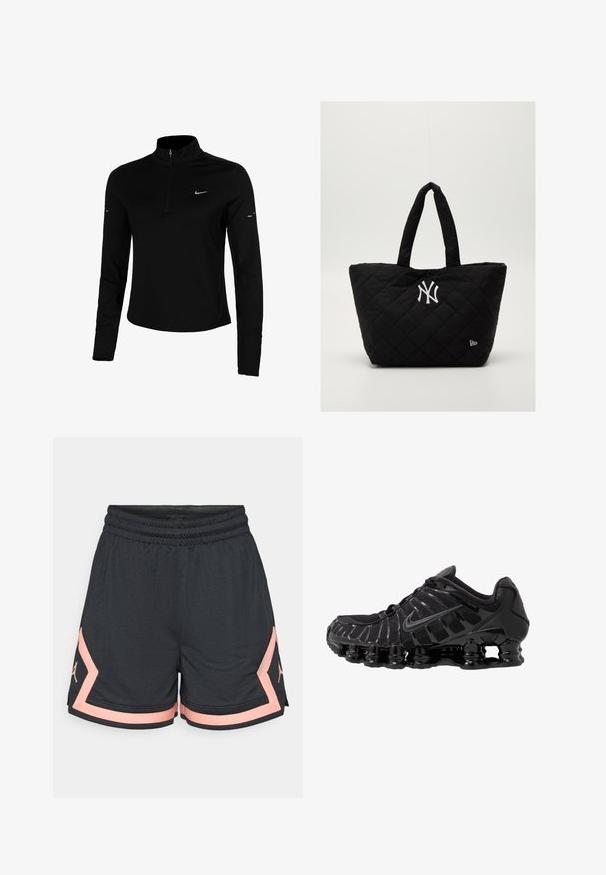 Crni dugoruki atletski top s polu zatvaračem, ovratnikom, reflektirajućim Nike logoom i ravnim šavovima za udobnost i dobro prijanjanje.; Crne atletske kratke hlače s teksturiranim materijalom, elastičnom gumom u struku i ružičastim detaljima. Na strani se nalazi logo u odgovarajućoj ružičastoj boji.; Crne atletske cipele s mrežastim gornjim dijelom i sjajnim premazima. Imaju zakrivenu zavojnicu za amortizaciju i teksturirane linije sa strane. Vidljiv Nike logo.; Crna torba s kvadratnim uzorkom i dvostrukim ručkama, s bijelim logotipom New York Yankees i malim simbolom marke s strane.
