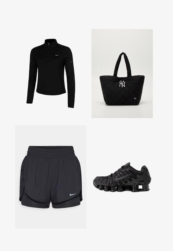Zwarte lange mouw sporttop met een halve rits, kraag, reflecterend Nike-logo en flatlock naden voor comfort en een nauwsluitende pasvorm.; Zwarte sportshorts met een brede elastische tailleband, zijzakken en het Nike-logo. Gemaakt van lichtgewicht, vochtregulerende stof.; Zwarte sportieve schoen met mesh-bovenwerk en glanzende overlays. Bevat afgeronde spoelvering en textuur lijnen aan de zijkant. Nike-logo zichtbaar.; Gequilted zwarte draagtas met dubbele handvatten, voorzien van een wit New York Yankees-logo en een klein merkembleem aan de zijkant.