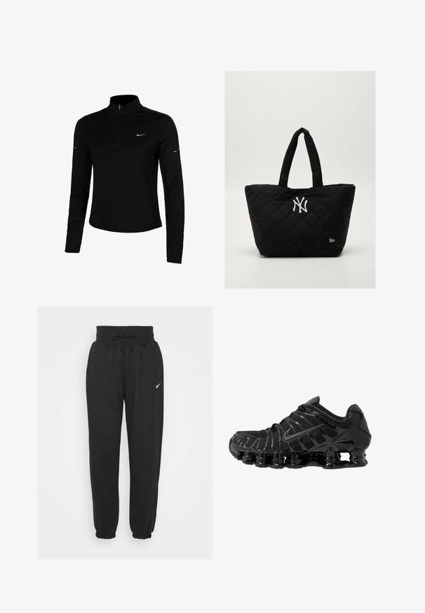 Črn športni majica dolgimi rokavi s pol zadrgo, ovratnikom, odsevnimi logotipi Nike in ravnimi šivi za udobje in tesno prileganje.; Črne trenirke iz mehkega bombažnega mešanega materiala, z elastičnim pasom in vrvico ter elastičnimi manšetami. Nike logotip na levem stegnu.; Črne atletske čevlje z mrežasto zgornjico in sijočimi detajli. Imajo ukrivljeno podložitev iz vzmeti in teksturirane linije na strani. Logotip Nike je viden.; Kvatirana črna torba z dvema ročajema, ki ima belo logo New York Yankees in majhen emblem blagovne znamke na strani.