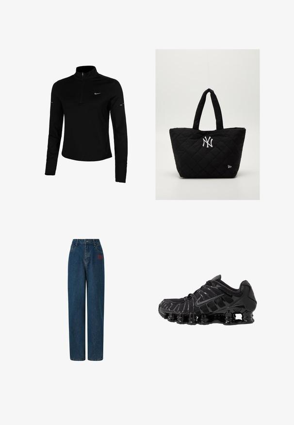 Svart långärmad träningsöverdel med halvdragkedja, krage, reflekterande Nike-logotyp och flatlock-sömmar för komfort och en åtsittande passform.; Mörkblå denimjeans med hög midja, vid benvidd, framfickor och röd broderad logotyp på vänster sida. Ren, klassisk design.; Svart sportskor med ovandel i mesh och blanka detaljer. Har böjliga fjädrar för dämpning och texturerade linjer på sidan. Nike-logotypen är synlig.; Vadderat svart tote bag med dubbla handtag, med en vit New York Yankees-logotyp och en liten varumärkesemblem på sidan.