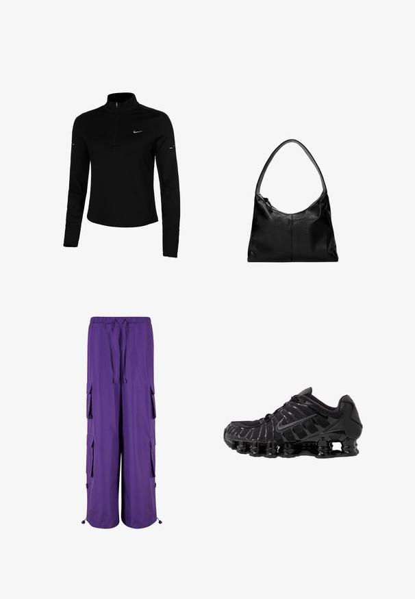 Schwarzes langärmliges Sportoberteil mit halbem Reißverschluss, Kragen, reflektierendem Nike-Logo und Flachnähte für Komfort und eine enge Passform.; Lila Cargo-Hosen mit elastischem Bund, ausgestattet mit zwei Seitentaschen und zwei Cargo-Taschen. Hergestellt aus leichtem Stoff mit glatter Textur.; Schwarzer Sportschuh mit Mesh-Obermaterial und glänzenden Überzügen. Verfügt über eine geschwungene Spiraldämpfung und strukturierte Linien an der Seite. Nike-Logo sichtbar.; Schwarze Leder-Umhängetasche mit glatter Textur, geschwungenem oberen Rand und einem einzigen Tragegurt. Sie verfügt über einen Reißverschluss und ein minimalistisches Design.