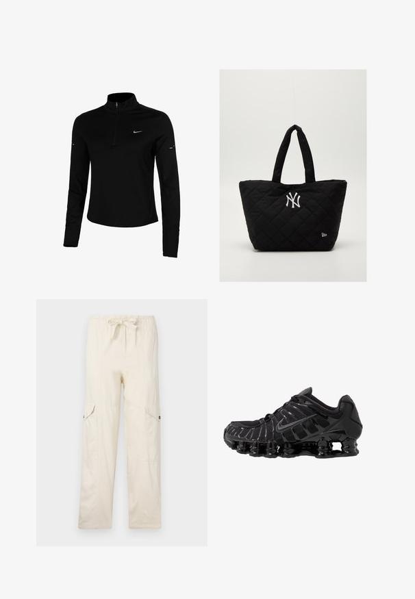 Czarna sportowa koszulka z długim rękawem, z półzamkiem, kołnierzem, odblaskowym logo Nike i szwami flatlock dla wygody oraz dopasowania.; Beżowe spodnie cargo z elastycznym paskiem, z dwoma bocznymi kieszeniami i przeszyciami. Wykonane z lekkiego materiału bawełnianego.; Czarne buty sportowe z siateczkową cholewką i połyskującymi detalami. Posiadają wyprofilowane poduszki pod nogami i teksturowane linie po boku. Widoczna logo Nike.; Kwiatowa czarna torba na ramię z podwójnymi uchwytami, z białym logo New York Yankees i małym emblematem marki z boku.