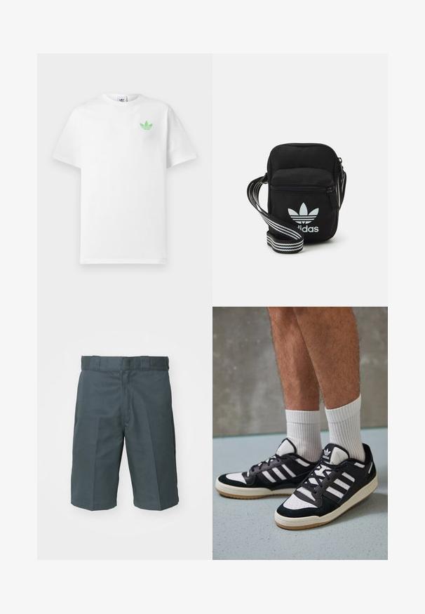 T-shirt en coton blanc à manches courtes, arborant un petit logo Adidas vert sur la poitrine gauche. Design simple et classique avec un col rond.; Shorts gris foncé en tissu résistant. Présentent une coupe droite classique, un devant plat et des passants de ceinture standards. Pas de poches visibles.; Baskets noir et blanc avec une tige en suède et cuir, comportant trois rayures blanches, un bout perforé et une semelle en caoutchouc gum.; Sac bandoulière noir en tissu avec fermeture éclair, arborant un logo Adidas blanc et une sangle réglable rayée pour un port facile.
