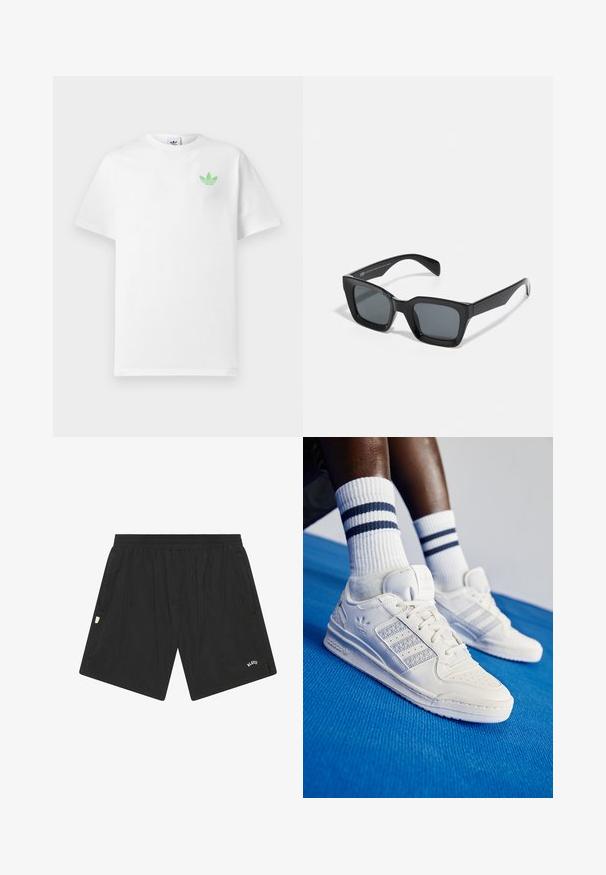 T-shirt bianca in cotone con maniche corte, caratterizzata da un piccolo logo Adidas verde sul lato sinistro del petto. Design semplice e classico con scollatura rotonda.; Pantaloni sportivi neri realizzati in tessuto leggero, con vita elastica, tasche laterali e un piccolo logo sul fronte inferiore.; Sneaker bianchi in pelle con dettagli perforati, tre strisce metalliche e un pannello laterale testurizzato. Indossati con calzini bianchi con strisce blu.; Occhiali da sole neri rettangolari con lenti scure. Montatura in plastica con una finitura lucida, caratterizzati da un ponte ampio e braccia leggermente affusolate.