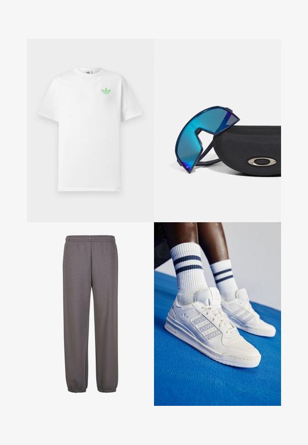 Witte katoenen t-shirt met korte mouwen, met een klein groen Adidas-logo op de linkerkant van de borst. Eenvoudig, klassiek ontwerp met een ronde hals.; Grijze sweatpants van zacht materiaal, met een elastische tailleband, zijzakken en elastische boorden bij de enkels voor een comfortabele pasvorm.; Witte leren sneakers met geperforeerde accenten, drie metalen strepen en een textuurpanel aan de zijkant. Draagt met witte sokken met blauwe strepen.; Blauw getinte wraparound zonnebril met een sportief ontwerp, rustend op een gestructureerde zwarte hoes met een metallic logo accent.