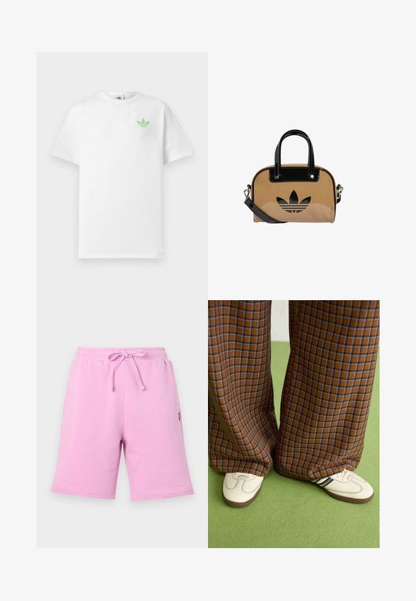 Hvit bomull T-skjorte med korte ermer, med en liten grønn Adidas-logo på venstre bryst. Enkel, klassisk design med rund hals.; Rosa bomullsshorts med elastisk midje og justerbar snor. Har en sidelomme og en liten logo-detalj.; Brune og blå rutete vide bukser sammen med hvite sko med svarte detaljer og teksturerte såler, satt mot en grønn bakgrunn.; Beige håndveske med svarte lakklærdetaljer, rund form, doble håndtak og et preget svart logo på forsiden.