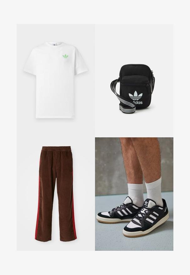 T-shirt de algodão branca com mangas curtas, apresentando um pequeno logótipo verde da Adidas no lado esquerdo do peito. Design simples e clássico com um decote redondo.; Calças de cotelê castanhas com um cós elástico, apresentando riscas laterais vermelhas e pernas rectas. Tecido texturizado com detalhes de ranhura subtil.; Ténis em preto e branco com upper em camurça e couro, apresentando três riscas brancas, um toe perfurado e uma sola em borracha de goma.; Sacolinha transversal de tecido preto com fecho de zíper, apresentando um logo da Adidas em branco e uma alça ajustável listrada para facilitar o transporte.