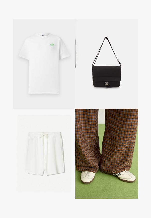 Weißes Baumwoll-T-Shirt mit kurzen Ärmeln, das auf der linken Brust ein kleines grünes Adidas-Logo zeigt. Einfaches, klassisches Design mit Rundhalsausschnitt.; Weiße sportliche Shorts aus leichtem Stoff mit einem elastischen Bund und einem Kordelzug sowie seitlichen Taschen. Glatte Textur.; Braun und blaue Karohosen mit weitem Bein, kombiniert mit weißen Schuhen mit schwarzen Akzenten und strukturierten Sohlen, vor einem grünen Hintergrund.; Schwarze Umhängetasche aus glattem Material, mit einem umklappbaren Deckel, silbernem Verschluss und verstellbarem Schultergurt.