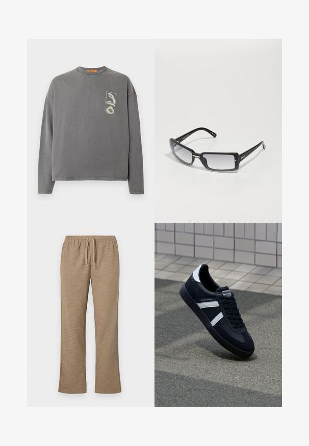 Replay Inc. Camiseta de manga larga - stoned grey; Pantalones beige con un patrón texturizado, que presentan una cinturilla elástica con cordón. Diseño de pierna recta con una ligera abertura en el bajo.; Zapatilla de cuero negra con rayas blancas, suela de goma texturizada y parte frontal con cordones. Cuenta con una etiqueta de marca en la lengüeta.; Gafas de sol rectangulares negras con lentes degradados, con un marco grueso y detalles metálicos en las varillas. Textura suave en toda su superficie.