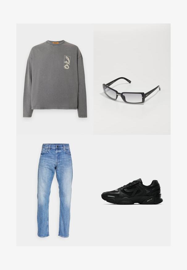 Replay Inc. Pikkade varrukatega topp - stoned grey; Heledad sinine teksapüksid otsekärpe disainiga, varustatud tõmblukuga, viie tasku ja peente sälkudega ees.; Mustad mustad spordijalanõud tekstuurse ülemise osaga, peegeldavate detailidega ja pehmendatud tallaga. Sisetald on seotud ja külgedel on brändi logo.; Mustad ristkülikukujulised prillid gradient objektiividega, pakse raami ja metallist aktsentdetailidega varrukatel. Ühtlane tekstuur kogu ulatuses.