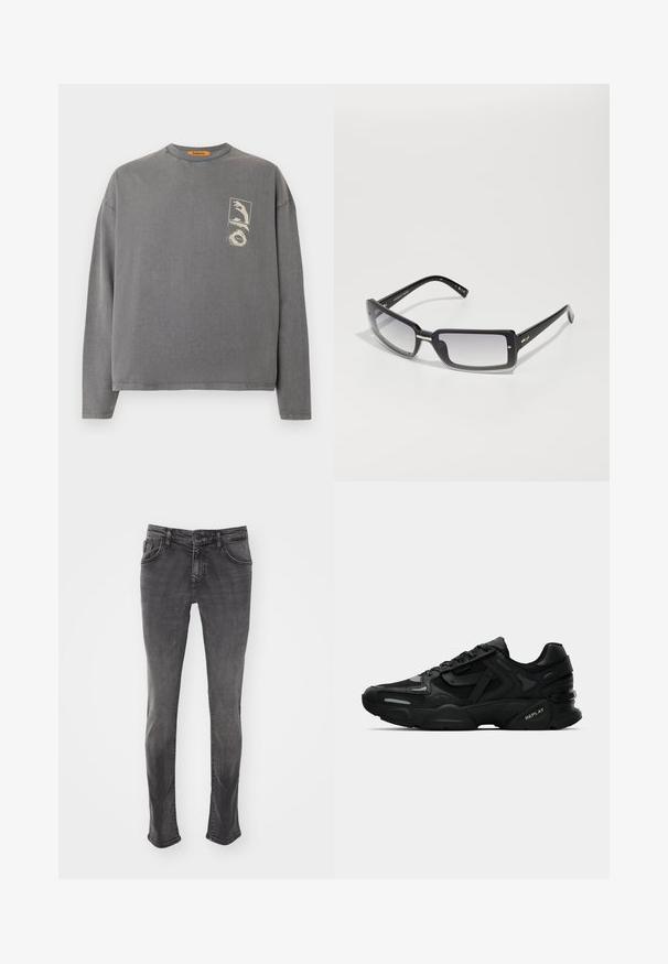 Replay Inc. Top dugih rukava - stoned grey; Sivi traperici s ravnim nogavicama, pet džepova i blagim izbljedjivanjem. Imaju kopčanje na gumbi i petlje za remen.; Crne atletske tenisice s teksturiranim gornjim dijelom, reflektirajućim akcentima i podesivim potplatima. Imaju vezice i logo marke sa strane.; Crne pravokutne sunčane naočale s gradijentnim lećama, koje imaju debeli okvir i metalne detalje na ručkama. Cjelokupna površina je glatka.