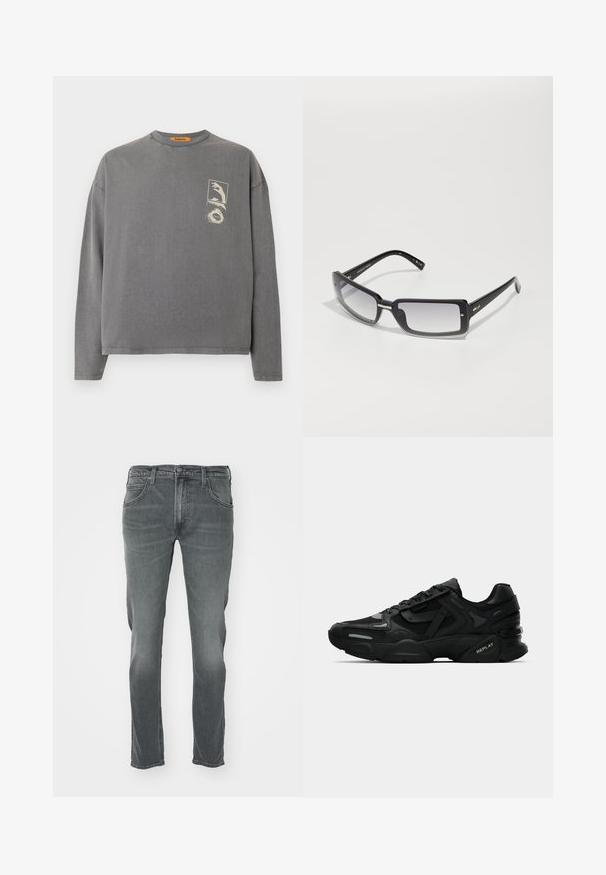 Replay Inc. Long sleeved top - stoned grey; Gray denim jeans with a straight-leg cut, featuring a button closure, five pockets, and subtle whiskering on the front.; Black athletic sneakers with textured upper, reflective accents, and cushioned soles. Features laces and brand logo on the side.; Black rectangular sunglasses with a gradient lens, featuring a thick frame and metal accent details on the arms. Smooth texture throughout.