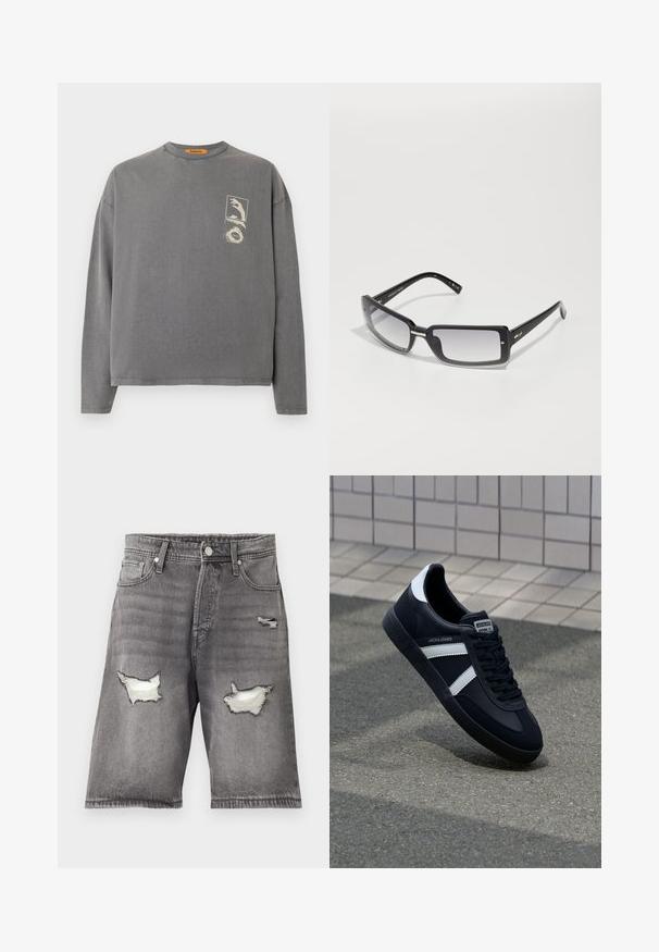 Replay Inc. Long sleeved top - stoned grey; Gray denim shorts with a faded finish, featuring two distressed patches and a five-pocket design. Metal button and zipper closure.; Black leather sneaker with white stripes, textured rubber sole, and lace-up front. Features a branded label on the tongue.; Black rectangular sunglasses with a gradient lens, featuring a thick frame and metal accent details on the arms. Smooth texture throughout.
