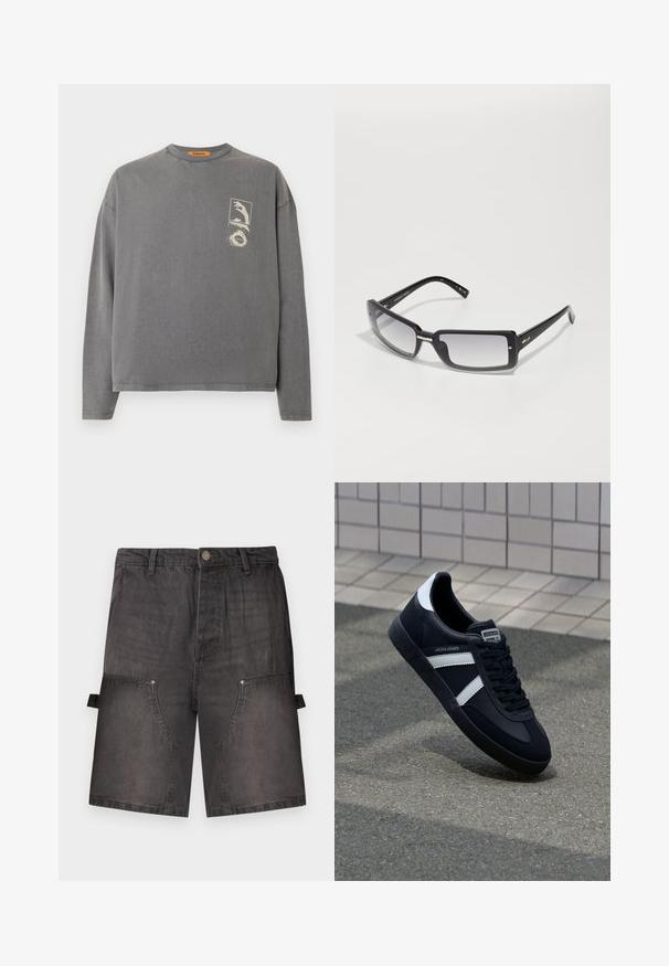 Replay Inc. - Bluzka z długim rękawem; Szare dżinsowe szorty o luźnym kroju, z dwoma przednimi kieszeniami oraz bocznymi kieszeniami cargo z zapięciem na napy.; Czarne skórzane sneakersy z białymi paskami, teksturowana gumowa podeszwa i sznurowane z przodu. Posiadają metkę marki na języku.; Czarne prostokątne okulary przeciwsłoneczne z gradientowym szkłem, z grubą oprawką i metalowymi detalami na zausznikach. Gładka tekstura na całej powierzchni.
