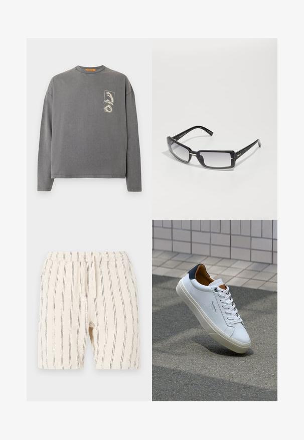 Replay Inc. Hosszú ujjú felső - stoned grey; Beige rövidnadrág függőleges fekete csíkokkal, rugalmas derékrésszel és húzózsinórral, texturált anyagból készült.; Fehér bőr sneaker sötétkék sarkúval, kerek orral és kontrasztos barna részletekkel. Lapított fűzőkkel és textúrált gumitalppal rendelkezik.; Fekete, téglalap alakú napszemüveg, átmeneti lencsékkel, vastag kerettel és fém díszítésekkel a szárakon. Az egész felülete sima.