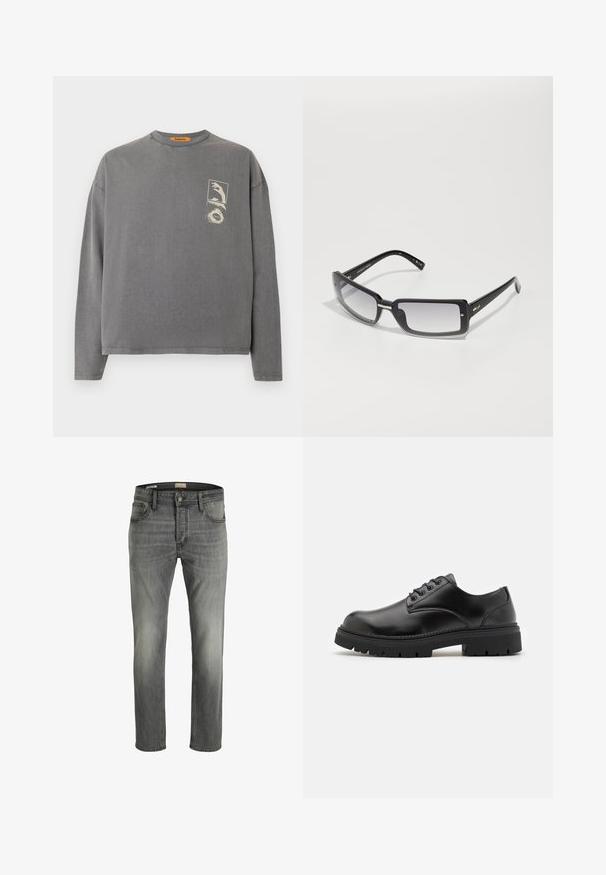 Replay Inc. Top dugih rukava - stoned grey; Sivi traperice s blagim izbljeđenjem, ravnog kroja, stil pet džepova i jednim metalnim dugmetom.; Crne kožne cipele s okruglim vrhom, dizajn s vezicama i debelim, teksturiranim gumenim potplatom. Imaju šavove uz rub i glatku završnu obradu.; Crne pravokutne sunčane naočale s gradijentnim lećama, koje imaju debeli okvir i metalne detalje na ručkama. Cjelokupna površina je glatka.