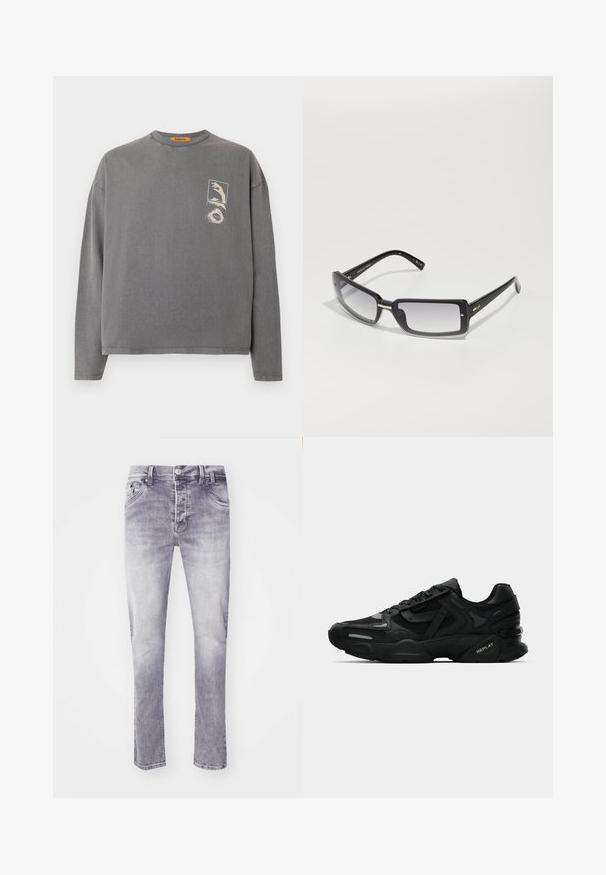 Replay Inc. Pikkade varrukatega topp - stoned grey; Hall jahutus lõpetatud hallid teksapüksid viie-tasku disainiga ja sirge säärega lõikega. Omab tavapärast nööbi ja tõmbluku sulgemist.; Mustad mustad spordijalanõud tekstuurse ülemise osaga, peegeldavate detailidega ja pehmendatud tallaga. Sisetald on seotud ja külgedel on brändi logo.; Mustad ristkülikukujulised prillid gradient objektiividega, pakse raami ja metallist aktsentdetailidega varrukatel. Ühtlane tekstuur kogu ulatuses.