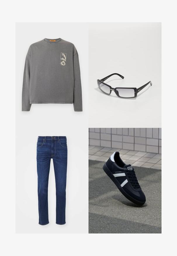 Replay Inc. Majica z dolgimi rokavi - stoned grey; Modre kavbojke s ravnim krojem, petimi žepi in gumbom za zapiranje. Tkanina ima gladko teksturo z rahlim bledenjem.; Črne usnjene superge z belimi črtami, teksturiran gumijast podplat in zavezovanje spredaj. Imajo označeno oznako na ježku.; Črne pravokotne sončna očala z gradientnimi lečami, ki imajo debele okvirje in kovinske detajle na rokah. Gladka tekstura po celotni površini.